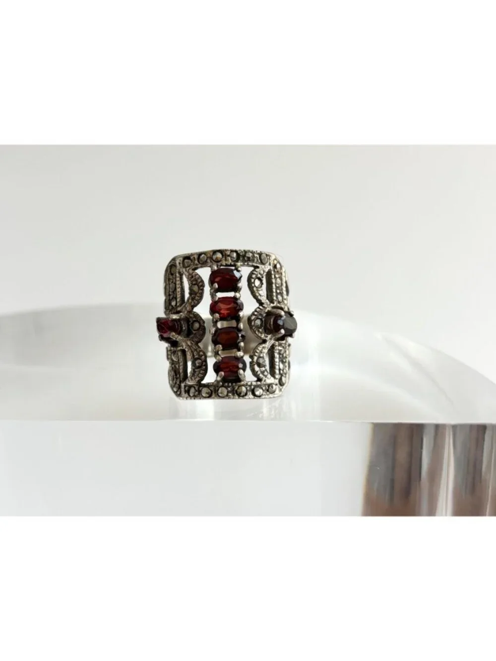 Art Deco Marcasite and Garnet Gemstone Sterling Silver 925 Vintage Ring - sz 8